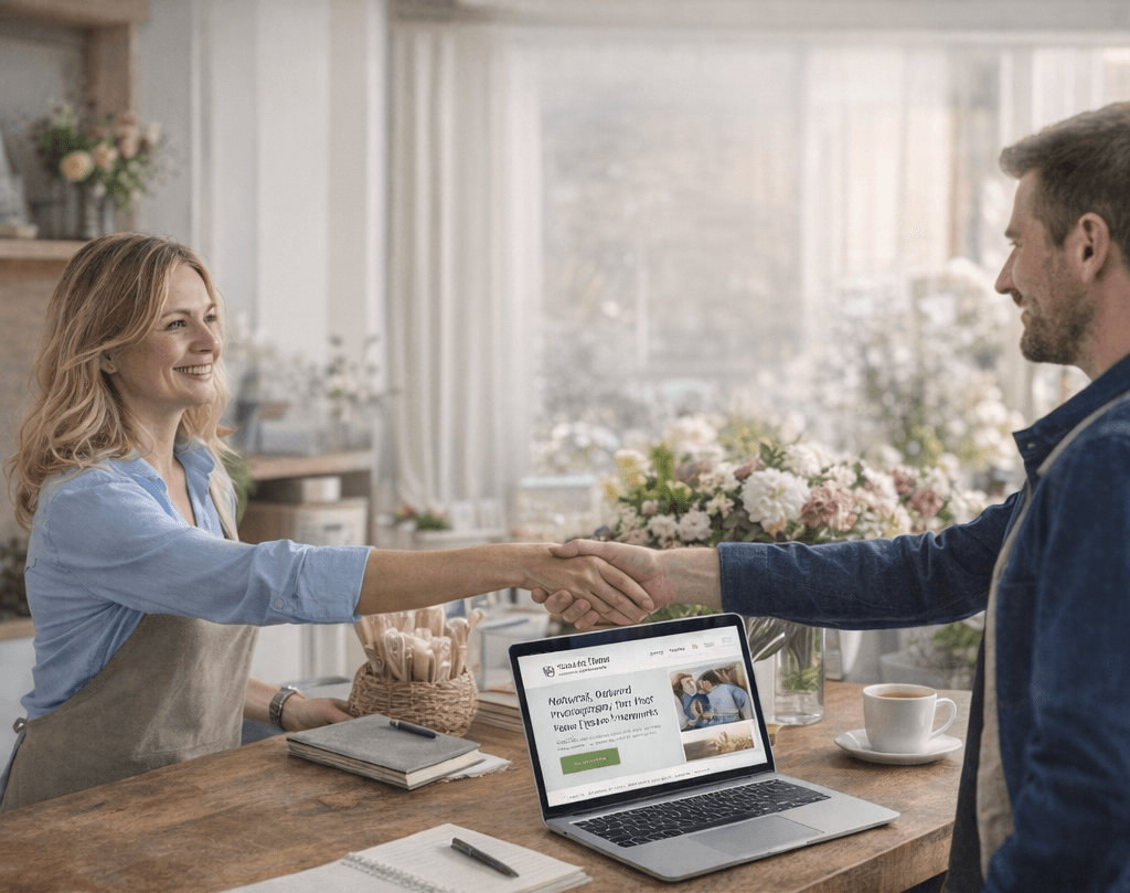 Small business owner welcoming a client in a bright, professional workspace