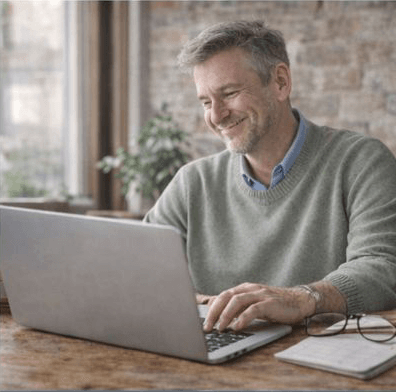 Small business owner using a clean, modern website in a calm workspace